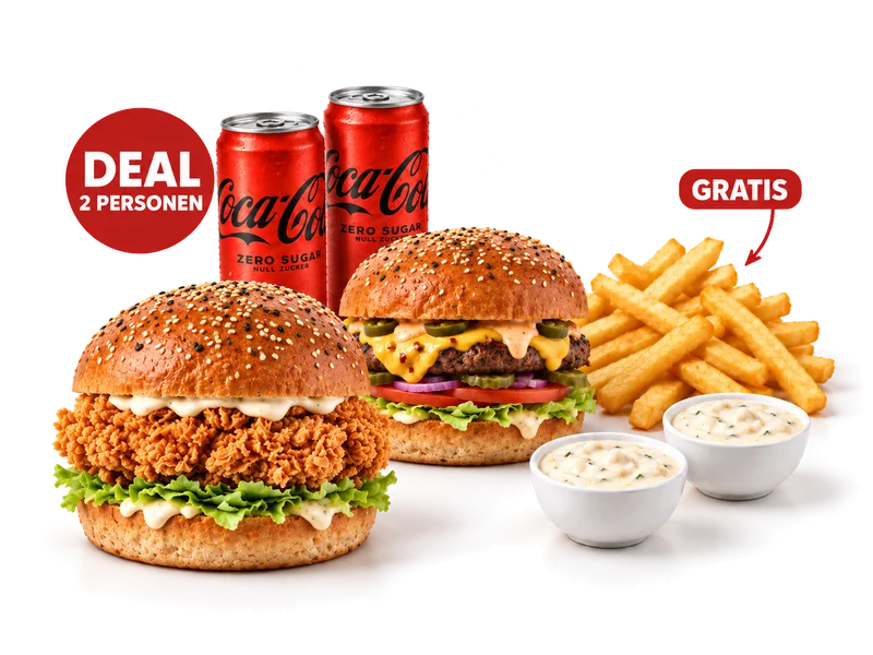 Burger Deal — 2 people — Bildbeispiel für 2 Personen — Auswahl kann abweichen.