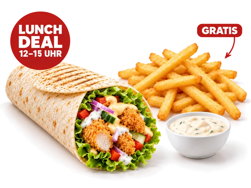 Wrap Lunch mit Chicken Wrap und 1 Dip inklusive — Bildbeispiel für eine Person. Pommes gratis dazu; Getränk optional gegen Aufpreis. Auswahl kann abweichen.