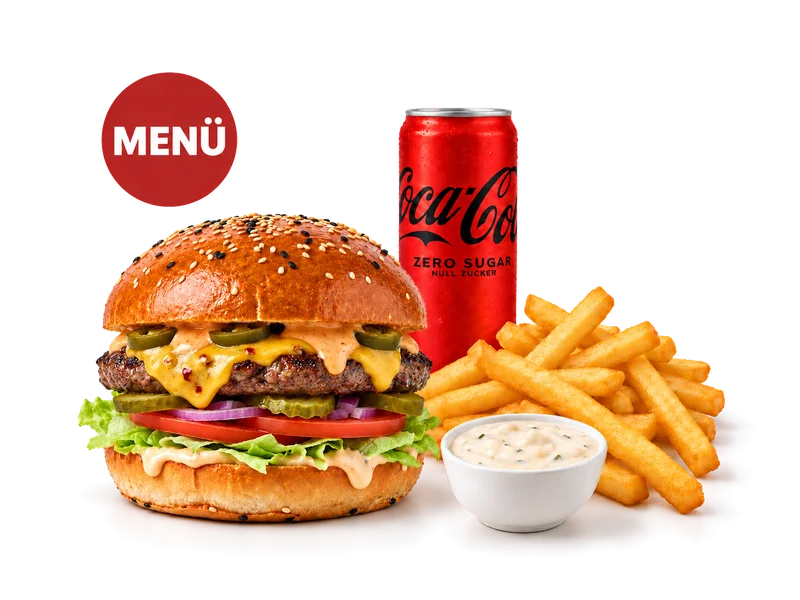 Chilli Cheese Burger — Menü-Bildbeispiel mit Cola Zero — Auswahl kann abweichen.