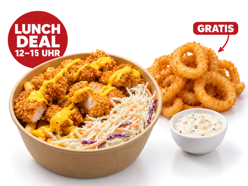 Crispy Bowl Lunch mit 1 Dip inklusive — Bildbeispiel für eine Person. Onion Rings gratis dazu; Getränk optional gegen Aufpreis. Auswahl kann abweichen.
