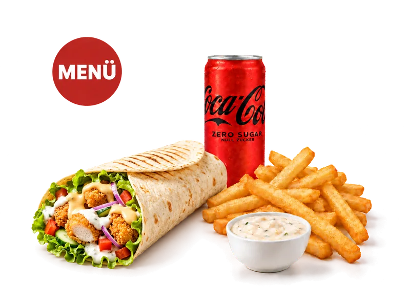 Crispy Chicken Wrap — Menü-Bildbeispiel mit Cola Zero — Auswahl kann abweichen.