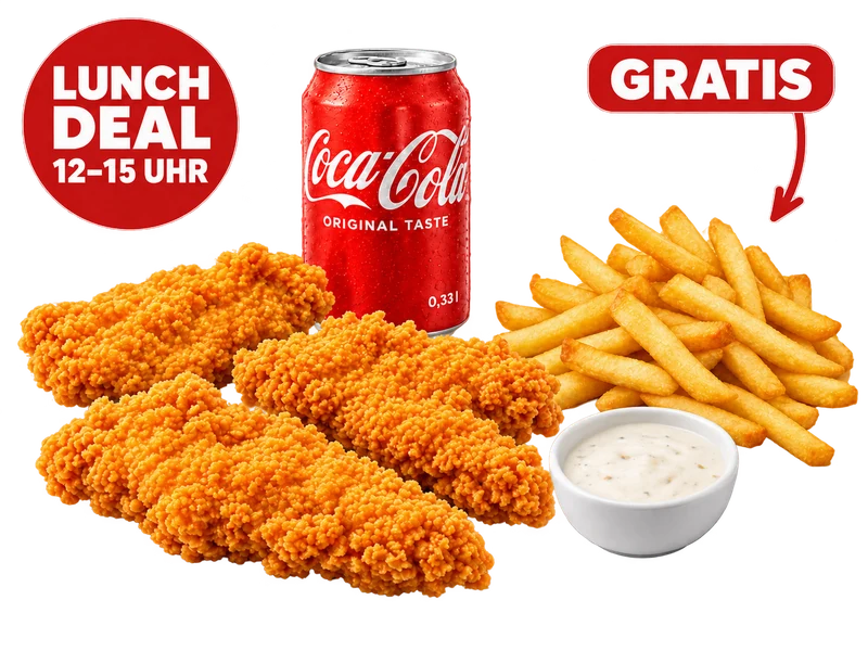 Crispy Filets Lunch mit vier Filets, einem Dip und einem Standard-Getränk inklusive; Pommes gratis. Bildbeispiel für eine Person.