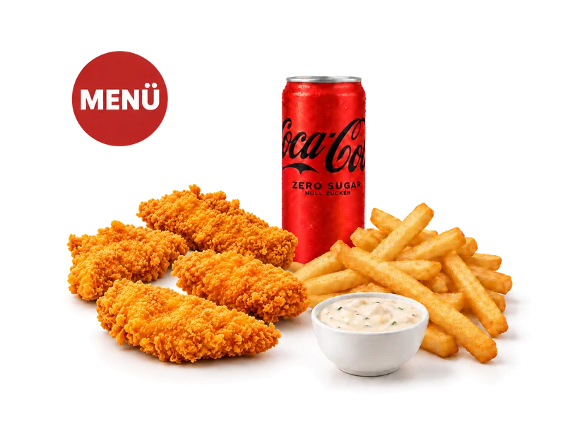 Crispy Filets (4 pieces) — Menü-Bildbeispiel mit Cola Zero — Auswahl kann abweichen.