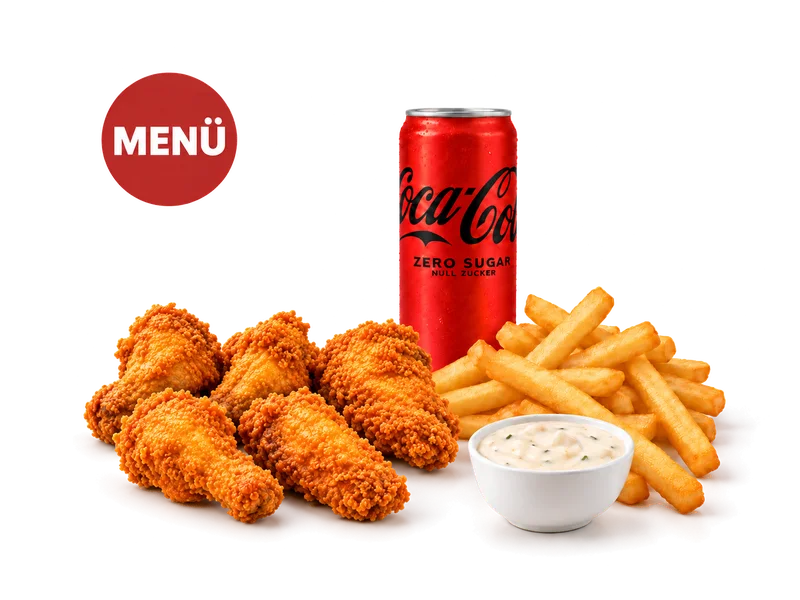 Crispy Wings (6 pieces) — Menü-Bildbeispiel mit Cola Zero — Auswahl kann abweichen.