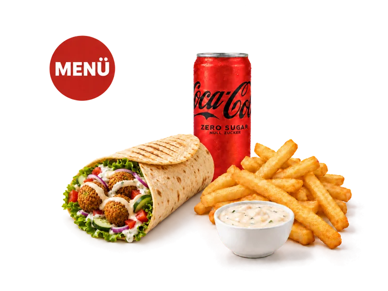 Falafel Wrap — Menü-Bildbeispiel mit Cola Zero — Auswahl kann abweichen.