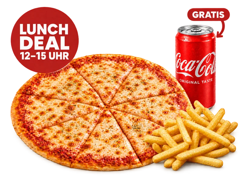 Large Pizza Lunch — Bildbeispiel für eine Person: Pizza Margherita 32 cm mit Pommes inklusive und einem Standard-Getränk gratis. Bis zu drei Beläge und Beilagen-Upgrades gegen Aufpreis.