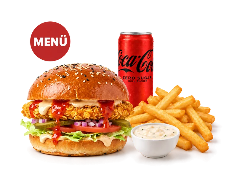 Mr Crispy Burger — Menü-Bildbeispiel mit Cola Zero — Auswahl kann abweichen.
