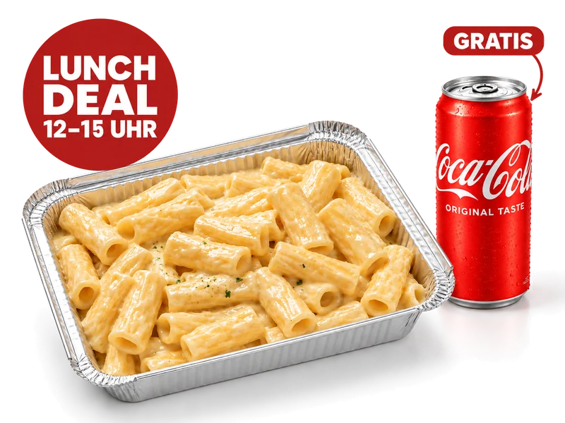 Pasta Käsesoße Lunch ohne Überbacken — Bildbeispiel für eine Person. Ein Standard-Getränk gratis dazu; Beilagen optional gegen Aufpreis.
