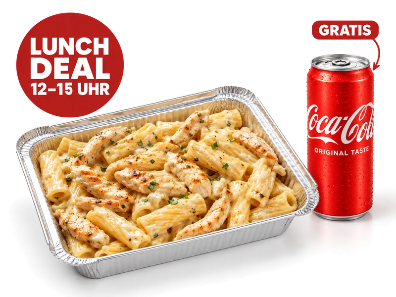 Pasta Mr. Crispy Lunch ohne Überbacken — Bildbeispiel für eine Person. Ein Standard-Getränk gratis dazu; Beilagen optional gegen Aufpreis.