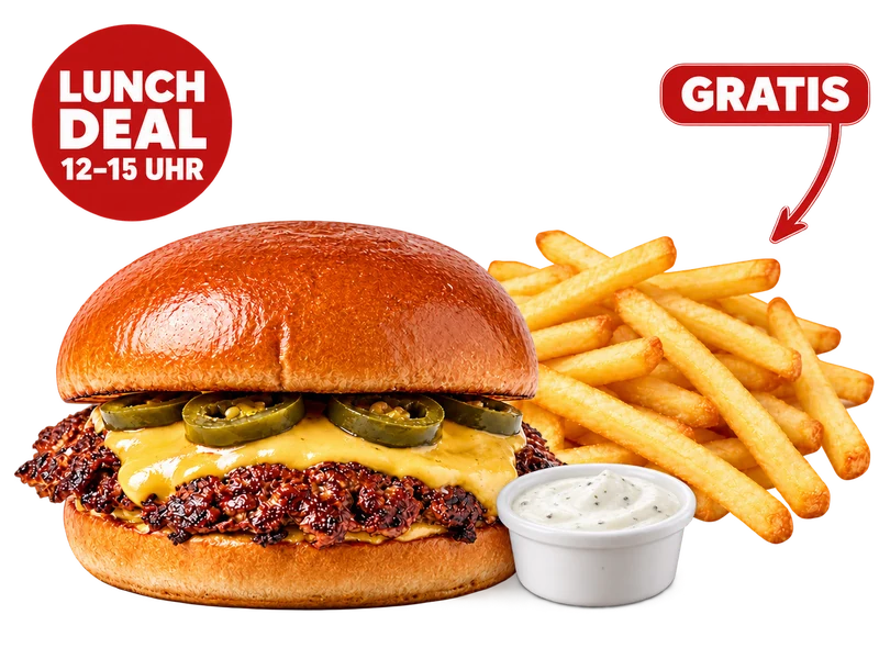 Burger Lunch mit Single Smash Burger und einem Dip inklusive; Pommes gratis. Getränk optional gegen Aufpreis. Bildbeispiel für eine Person.