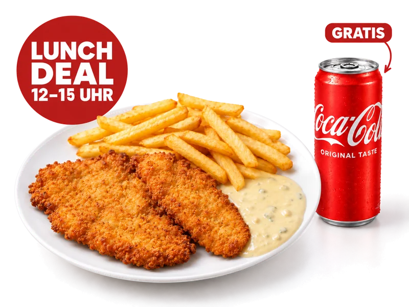 Schnitzel Lunch · Wiener Art mit Pommes — Bildbeispiel für eine Person. Ein Standard-Getränk gratis dazu. Auswahl kann abweichen.